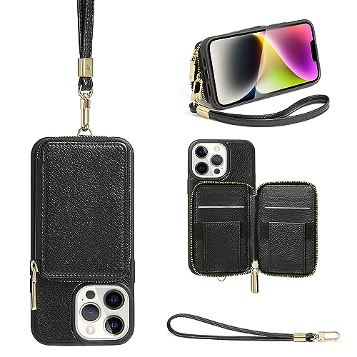 ZVE Wallet Case for iPhone 12 and 12 Pro, RFID Blocking Card Holder Phone Case with Wrist Strap, Leather Handbag Case for Women Protective Cover for iPhone 12 Pro/12 6.1' - Black 01