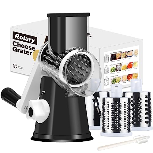 Cambom Rotary Cheese Grater Cheese Shredder - Kitchen Manual Cheese Grater with Handle Vegetable Slicer Nuts Grinder 3 Replaceable Drum Blades and Strong Suction Base Free Cleaning Brush