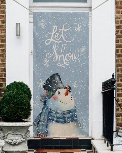Christmas Door Cover Reusable Door Banners for Front Door Hanging Banner for Home Wall Party Decor, Merry Christmas Snowflake Snowman Blue Door Covers Christmas Backdrop 35.4x79 Inch