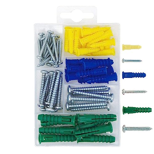 T.K.Excellent Plastic Self Drilling Drywall Ribbed Anchors with Phillips Pan Head Self Tapping Screws Assortment Kit,66 Pieces
