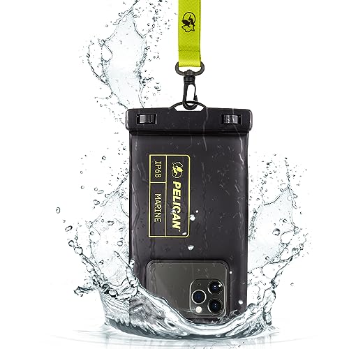Pelican Marine - IP68 Waterproof Phone Pouch / Case (Regular Size) - Floating Waterproof Phone Case For iPhone 15 Pro Max/ 14 Pro Max/13 Pro Max/12/S23 Ultra - Detachable Lanyard - Black/Hi-Vis Yellow
