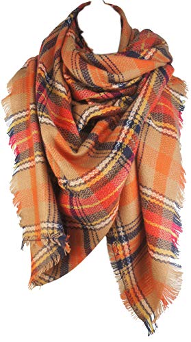 VIVIAN & VINCENT Women's Plaid Blanket Fall Winter Scarf Wrap Oversized Shawl Orange for Halloween Thanksgiving