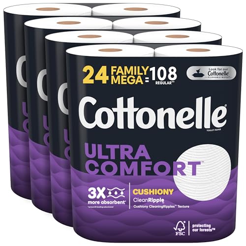 Cottonelle Ultra Comfort Toilet Paper with Cushiony CleaningRipples, 2-Ply, 24 Family Mega Rolls (4 Packs of 6) (24 Family Mega Rolls = 108 Regular Rolls), 325 Sheets per Roll, Packaging May Vary