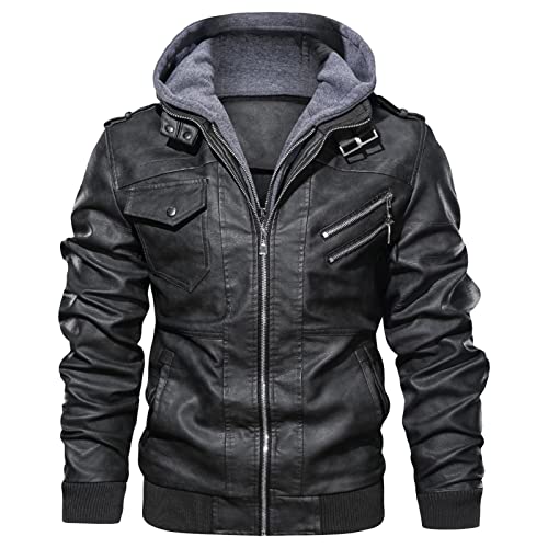 Maiyifu-GJ Casual Motorcycle Jacket for Men Faux Leather Windproof Moto Coat Vintage Bomber Hoodie with Removable Hood (Black,Large)