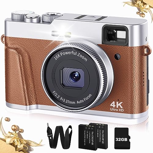 Upgraded 4K Digital Camera with SD Card Autofocus, 48MP with Flash Viewfinder & Dial, Compact Travel Vlogging Camera for Photography and Video Anti-Shake, 16X Zoom (2 Batteries)