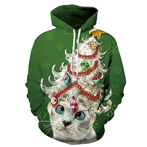 Couple 3D Santa Print Ugly Christmas Kangaroo Pocket Sweatshirt Hoodies Pullover Lady Cat L/XL