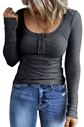 Kissfix Women Long Sleeve Shirts 2023 Fall Clothes Button Down Juniors Henley Tops Ribbed Knit Blouses Trendy Shirts Black Grey