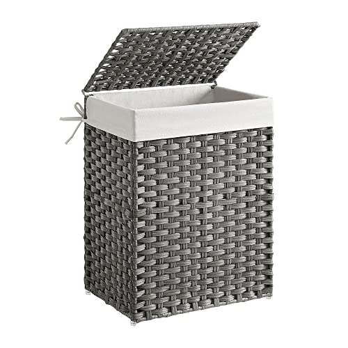 SONGMICS Handwoven Laundry Hamper, 23.8 Gal (90L) Synthetic Rattan Clothes Laundry Basket with Lid and Handles, Foldable, Removable Liner Bag, Gray ULCB51WG
