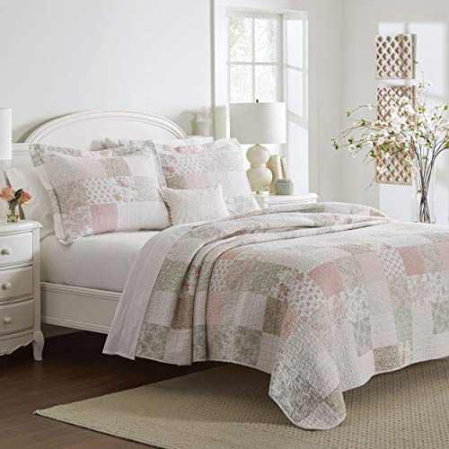 Laura Ashley Home - Quilt Set, Cotton Reversible Bedding with Matching Shams, Home Decor Ideal for All Seasons (Celina Patchwork Pink/Sage, Queen)