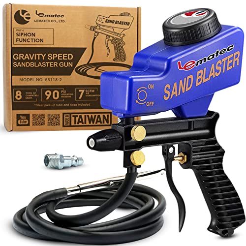 LE LEMATEC Sand Blaster Gun Kit for Air Compressor, Paint/Rust Remover for Metal, Wood & Glass Etching, Up to 150 PSI Continuous Blasting Media for Aluminum, Sand & Soda Blaster Jobs, Blue (AS118-2)
