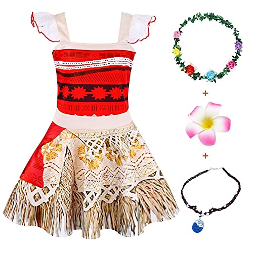 Jurebecia Princess Moana Costume for Girls Lace Ruffle Sleeve Dress Fancy Birthday Party Dress up Summer Outfits with Accessories Size 4T