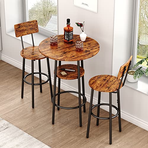 KIVENJAJA Bar Table and Chair Set for 2, 3 Piece 2-Tier Small Round Pub Table & Stools with Backrest, Counter Height High Top Bistro Set for Kitchen Dining Room Breakfast Nook, Rustic Brown