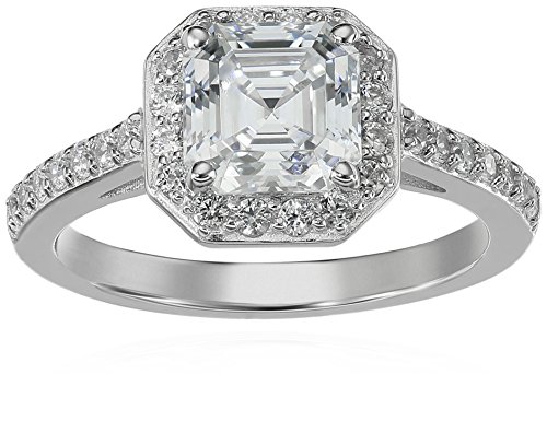 Amazon Collection Platinum-Plated Sterling Silver Halo Ring set with Asscher Cut Infinite Elements Cubic Zirconia (1.5 cttw), Size 7