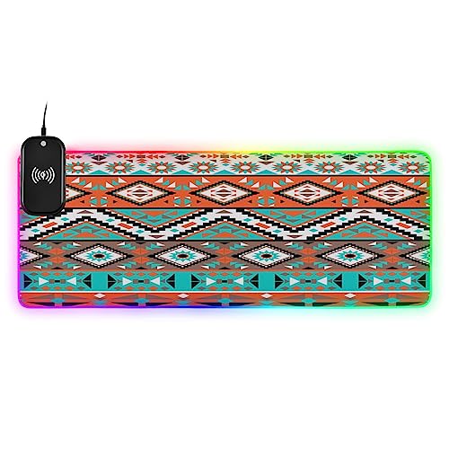 Nesatuwa Aztec Navajo Pattern Mouse Pad with Wireless Charging 15W Fast Wireless Chargering Non-Slip Keyboard Pad 14 Light Modes Gaming Mouse Pad 31.5 'X11.8