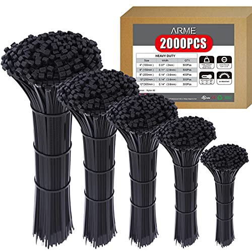 Arme Heavy Duty Zip Ties，2000 QTY/Pack Black Cable Zip Ties, Cable Zip Ties Nylon Self-Locking Black Ties,High-Strength Cable Zip Ties Assorted Sizes for Outdoor&Indoor Use(4'+6'+8'+10'+12')