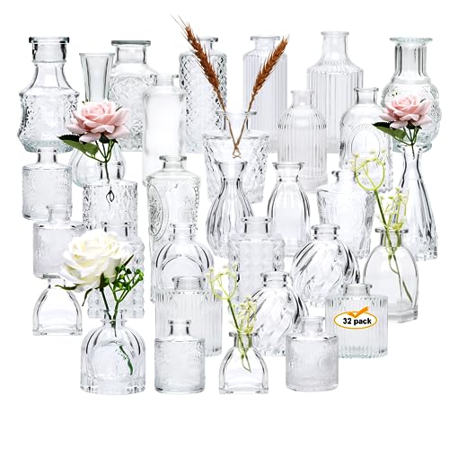 Brajttt Glass Bud Vase Set of 32 pcs,Vase for Flowers,Small Vases for Centerpieces,Clear Vases in Bulk, Vintage Glass Bottles for Rustic Wedding Home Table Decorations