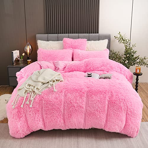 Fluffy Plush Pink Duvet Cover Set Queen Size, Luxury Soft Velvet Fuzzy Comforter Cover Bed Sets 4Pcs(1 Faux Fur Duvet Cover + 2 Pillow Cases + 1 Pillow Cover) Zipper Closure (Queen, Light Pink)