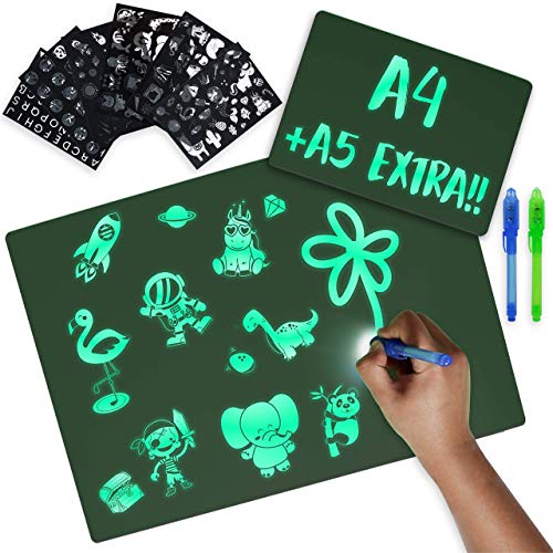 Magic Drawing Board for Kids A4 and A5, 6 Stencils and 2 Spy Pen - BONNYCO | Light Up Drawing Board, Boys, Girls Toys & Gifts for Birthday & Christmas | Kids Drawing Tablet, Magic Drawing Pad