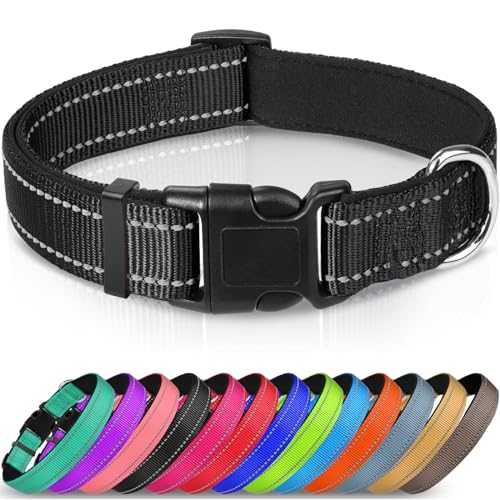 Joytale Reflective Dog Collar,Soft Neoprene Padded Breathable Nylon Pet Collar Adjustable for Large Dogs,Black,L