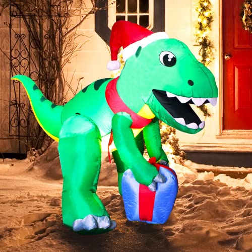 Joiedomi 5ft Tall Dinosaur Christmas Inflatable Decoration, Blow Up Dinosaur with Gift Box Inflatable Build-in LEDs Light Up Giant Christmas Yard Décor for Xmas Holiday Outdoor Garden Lawn Decoration