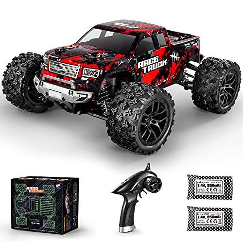 HAIBOXING 1:18 Scale All Terrain RC Car 36KM/H High Speed, 4WD Electric Vehicle,2.4 GHz Radio Controller, Included 2 Batteries and A Charger,Waterproof Off-Road Truck (Red)