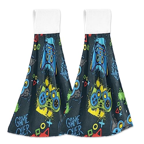 SLHKPNS Game Joypad Controller Kitchen Hanging Hand Towels, Retro Joystick Absorbent Tie Towel with Loop 2 PCS Kitchen Linen Sets for Bathroom Restroom Home Decor