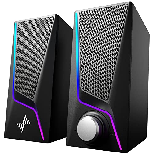 Computer Speakers, PC Speakers with 6 Lighting Modes, USB Powered Computer Speakers for Desktop Monitor with 2 Bass-Boost Ports, 2 Speaker Units, and 3.5mm Aux-in Cable for PC, Laptop, Tablet, Phone