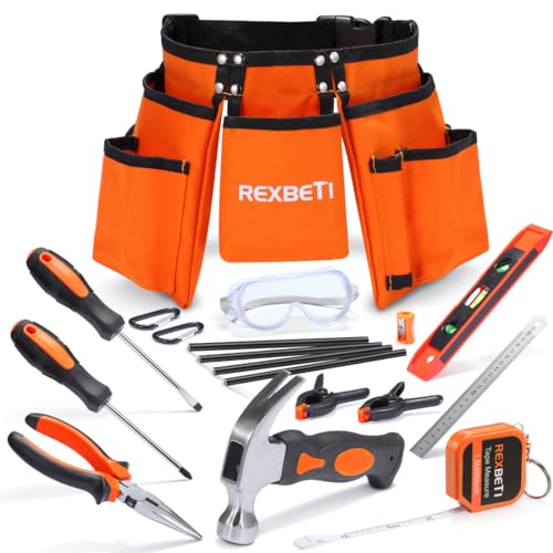REXBETI 18pcs Young Builder's Tool Set with Real Hand Tools, Reinforced Kids Tool Belt, Waist 20'-32', Kids Learning Tool Kit for Home DIY and Woodworking