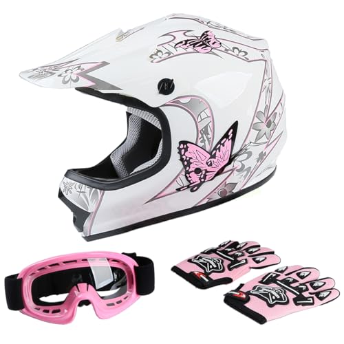 TCT-MOTORPARTS DOT Youth Kids Motocross ATV Helmets Offroad Street Dirt Bike Go-Kart BMX MX Full Face Helmet Pink Butterfly Medium Size