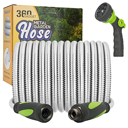 360 GADGET Garden Hose - Water Hose 100 FT with Swivel Handle & 8 Function Nozzle, Flexible, Heavy Duty, No Kink, Lightweight Metal Hose for Outdoor, Yard, 304 Stainless Steel