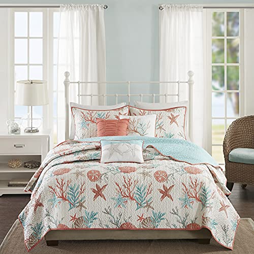 Madison Park Quilt Set Cottage Coastal Design, Starfish Print - All Season, Coverlet Bedspread Lightweight Bedding Layer, Shams, Toss Pillows, Full/Queen(90'x90'), Pebble Beach Coral 6 Piece