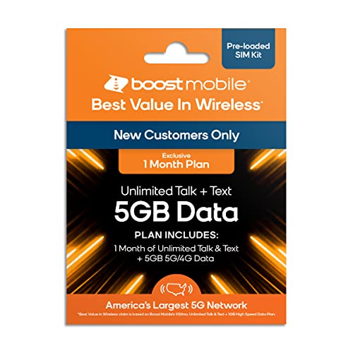 Boost Mobile Prepaid SIM Card | Unlimited Talk & Text | 1 Month 5 GB Data Plan for Unlocked Cell Phones | Pay As You Go I No Contracts