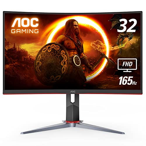 AOC C32G2 32' Curved Frameless Gaming Monitor FHD, 1500R Curved VA, 1ms, 165Hz, FreeSync, Height adjustable, 3-Year Zero Dead Pixel Policy, Black