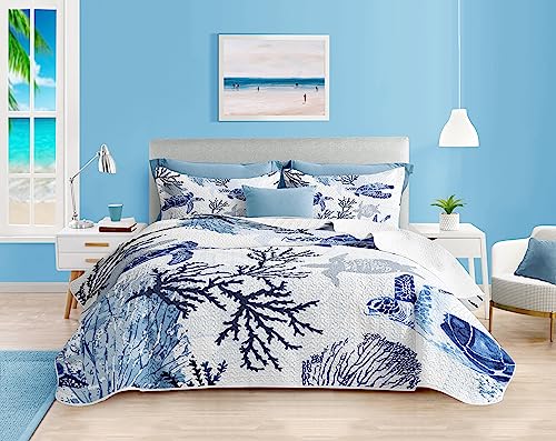 3 Piece Set Nautical Beach Quilt King Size - Reversible Microfiber Bedding Ocean Coastal Bedspread Coverlet Sets for All Season Quilt King Size with 2 Shams Turtle Coral 106''x 96'', Navy Blue