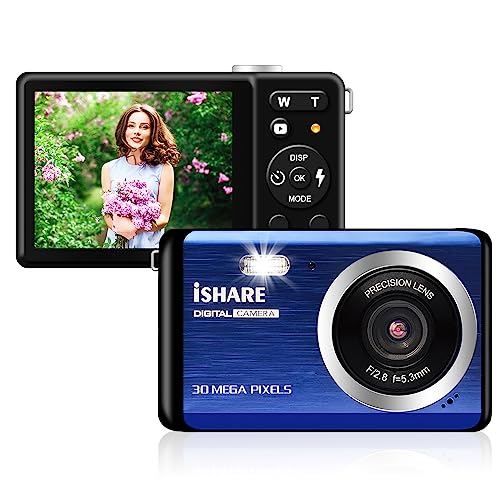 ISHARE Digital Camera for Photography, Rechargeable 30MP Point and Shoot Camera with 2.8' LCD 18X Digital Zoom for Kids Teens Elders(Blue)