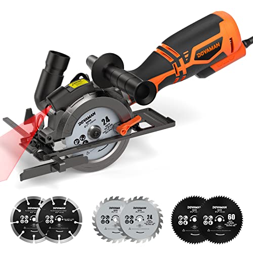 DOVAMAN Circular Saw, 5.8A 4-1/2' Circular Saw w/Laser, Metal Auxiliary Handle, 6 Saw Blades (4½', 4¾'), Cutting Depth 1-11/16' (90°), 1-3/8' (45°), Ideal for Wood, Soft Metal, Plastic, Tile - MCS01A