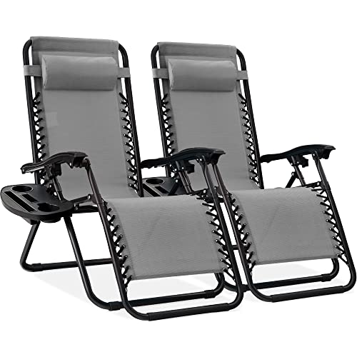 Best Choice Products Set of 2 Adjustable Steel Mesh Zero Gravity Lounge Chair Recliners w/Pillows and Cup Holder Trays - Ice Gray