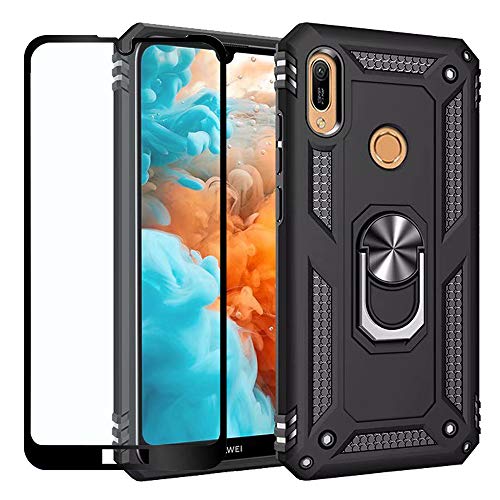 Strug for Huawei Honor 8A/Honor Play 8A/Y6 2019 Case,Heavy Duty Shockproof Protection Built-in 360 Rotatable Ring Magnetic Car Mount Case Cover with Screen Protector for Huawei Y6 2019(Black)