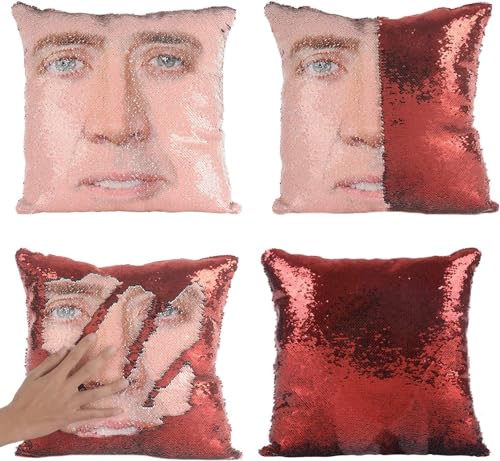 meachin Nicolas Cage Sequin Throw Pillow Cover Magic Reversible Funny Sequin Pillow Case Decorative Cushion Cover 16x16 Inches (red)