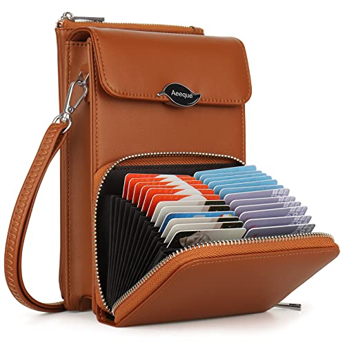 Aeeque Small Crossbody Bags for Women, Lightweight PU Leather Purses Handbags RFID Blocking Credit Card Holder Wallet Zipper Coin Purse Crossbody Cell Phone Purse for Smartphone under 7 inch, Brown