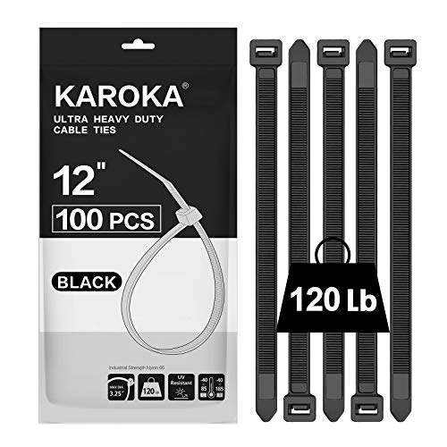 Zip Ties 12 inch Heavy Duty Zip Ties with 120 Pounds Tensile Strength, Black Cable Ties, 100 Pieces,by Karoka