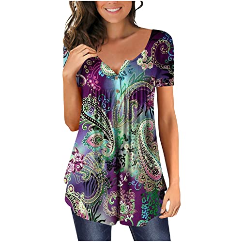 Womens Tops Hide Belly Tunic 2022 Summer Short Sleeve T Shirts Cute Flowy Henley Tshirt Casual Dressy Blouses for Leggings Purple, X-Large