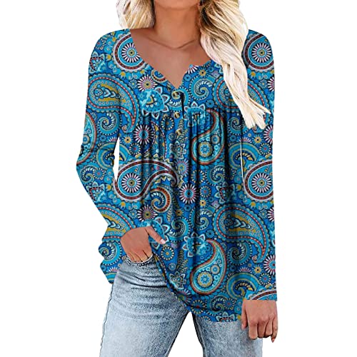 Camiseta Estampado Floral Camiseta Larga Encaje Blusa botones plisados Camiseta Cuello Redondo Camisetas sueltas UX2-Blue Large