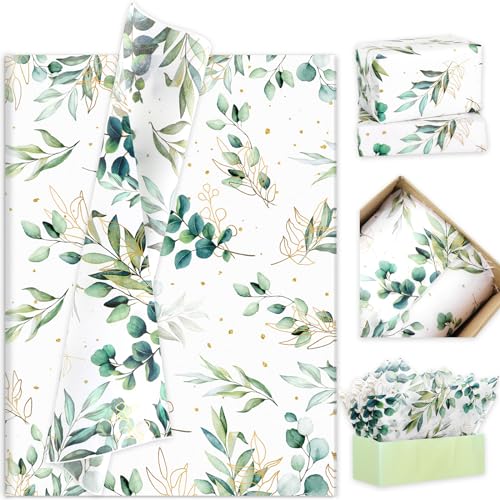 Whaline 100 Sheets Greenery Tissue Paper Eucalyptus Leaves Gold Gift Wrapping Paper Boho Art Paper for DIY Crafts Small Business Wedding Birthday Baby Shower Party Decorations, 14 x 20 Inch
