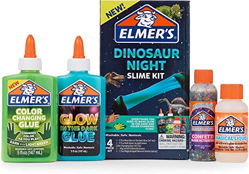 Elmer’s Glue Slime Kit, Dinosaur Night, Makes Color Changing and Glow in the Dark Slime, Includes Liquid Glue and Slime Activator, 4 Count