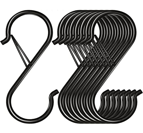Waitkey 8 Pack S Hooks for Hanging, 3.5 inch Heavy Duty Metal S Hooks with Safety Buckle S Shaped Hooks Pot Rack Closet Hooks for Hanging Plants, Clothes, Kitchen Utensil, Pots, Pans, Bags (Black)