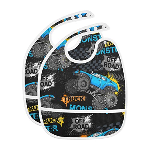 MCHIVER Monster Truck Tires Baby Bibs for Infants Boys Girls Waterproof Feeding Bib Apron with Food Cather Adjustable Cotton Food Eating Bib 2 Pack