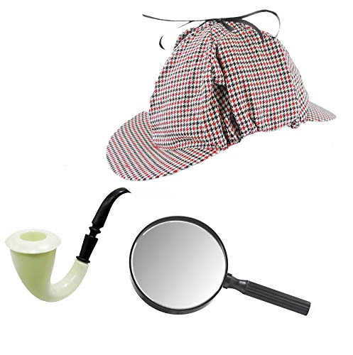 NOVELTY GIANT WWW.NOVELTYGIANT.COM Red and Black Hounds-Tooth Deerstalker Detective Hat with Costume Pipe & Magnifying glass