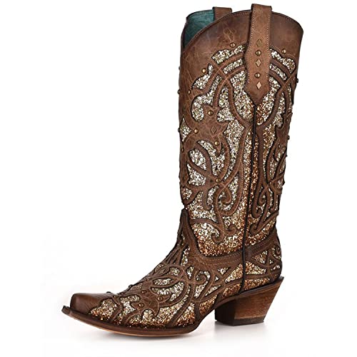 Corral Boots Women's Full-Grain Leather Orix Brown with Glitter Inlay and Studs Snip Toe Western Boots, 8.5