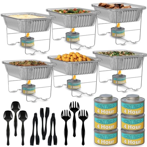 Chafing Dish Buffet Set, Half Size, Disposable Catering Supplies -6 Pack- Food Warmers for Parties: Foldable Wire Racks, Fuel, Aluminum Water Pans, Food Pans, Serving Utensils -Single Pan Food Warmer